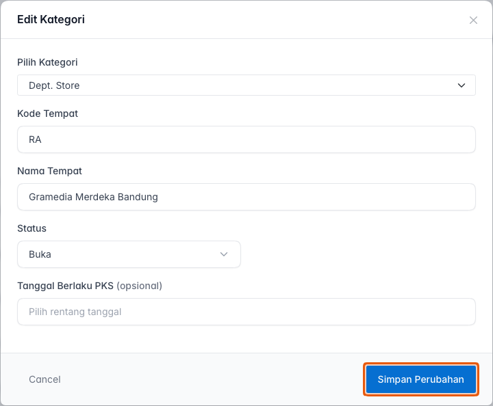 Formulir edit toko dengan data lama terisi